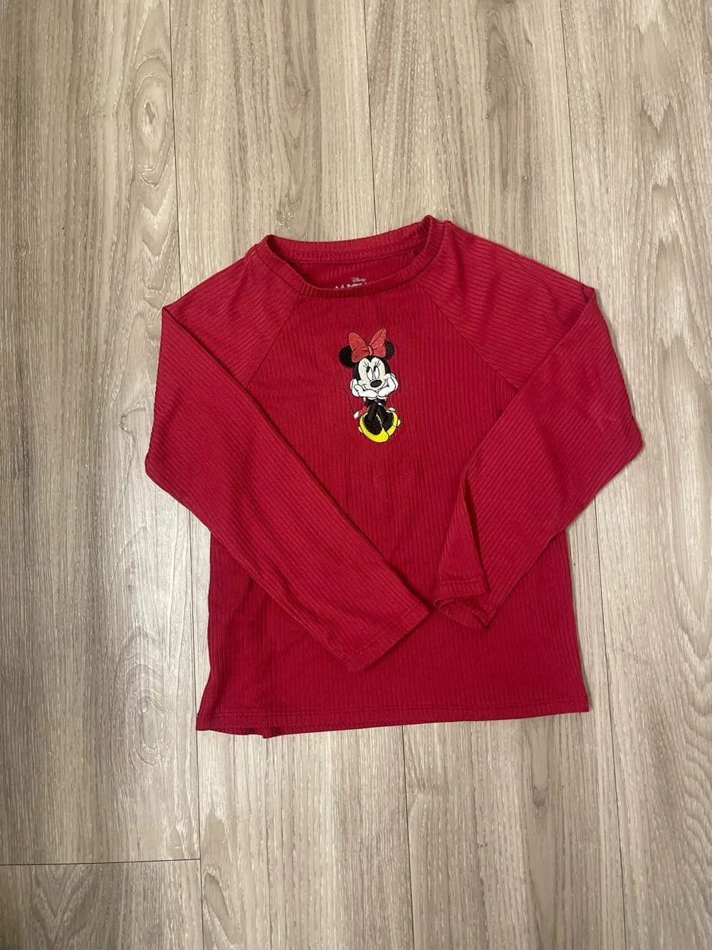 Disney Red Long-Sleeve Ribbed Tee with Minnie Embroidery